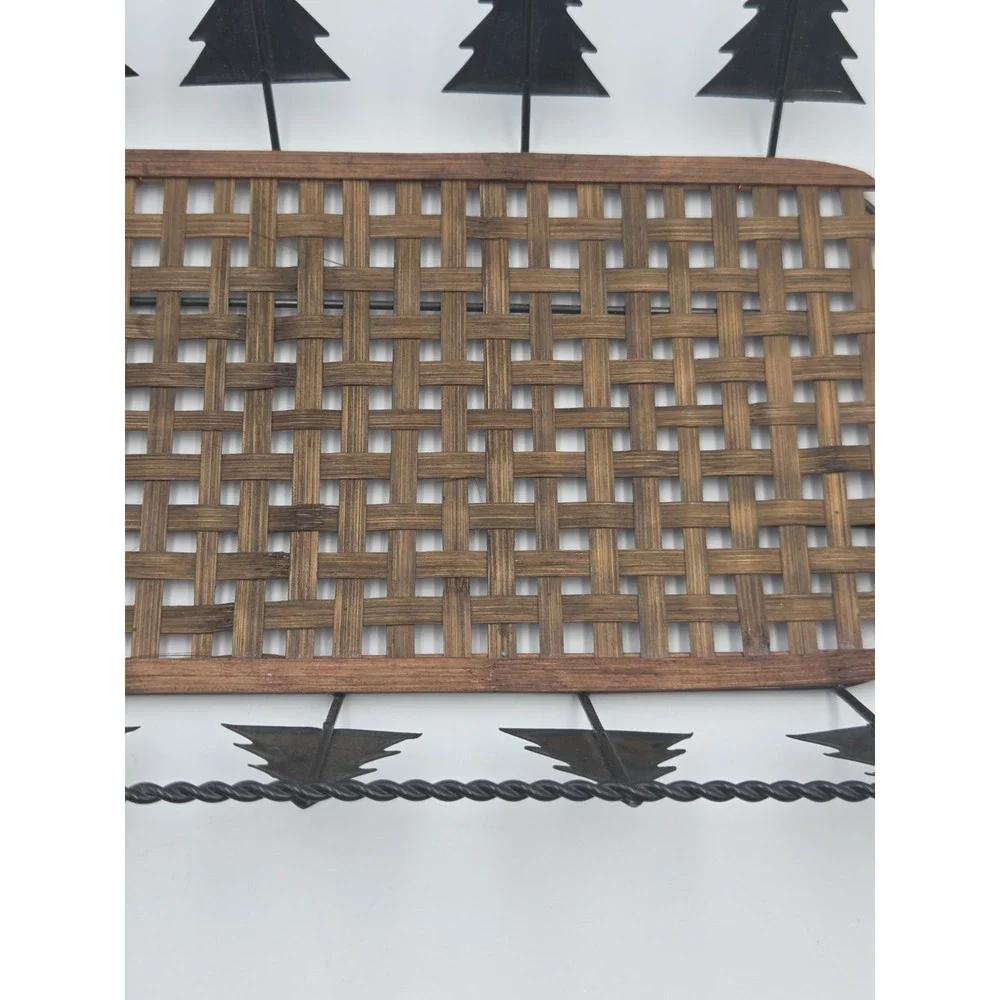 Vintage Wicker Wire Pine Tree Rectangle Bread Basket Tray Handles Holiday